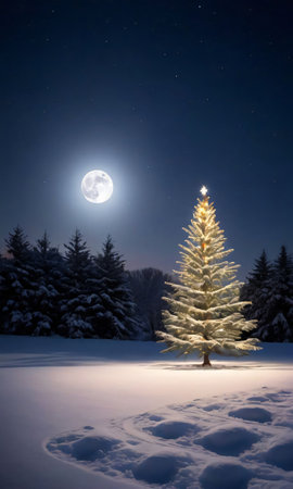 A Christmas Tree Glowing Under The Soft Moonlight, Casting Long Shadows On The Snowy Ground. Generative AIの素材