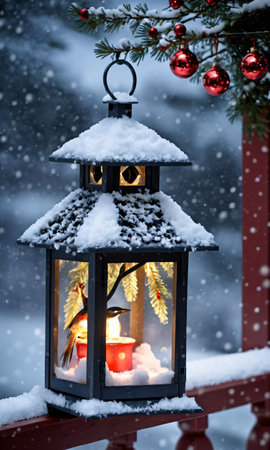 Photo Of Christmas Lantern Illuminating A Snowy Birdhous. Generative AIの素材