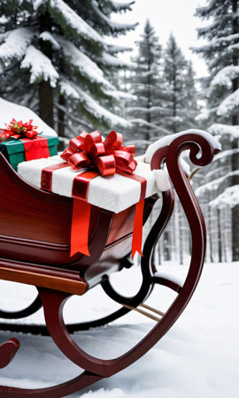 A Christmas Sleigh Filled With Gifts, Captured At A Low Angle, With The Snowy Forest In The Background. Generative AIの素材