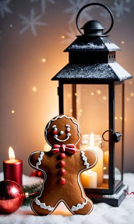 Photo Of Christmas Gingerbread Man Standing Next To A Lanter. Generative AIの素材