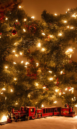 A Christmas Train Set Moving Gracefully Around The Tree, The Room Lit By The Soft Glow Of Fairy Lights. Generative AIの素材