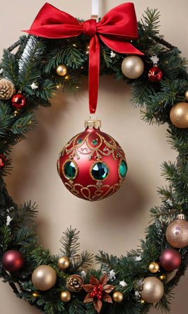 Photo Of Christmas Ornate Bauble Inside A Wreat. Generative AIの素材
