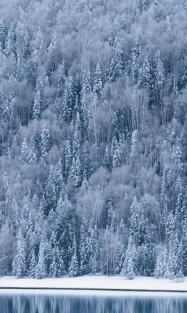 Christmas Lights Reflecting Off A Frozen Lake, The Surrounding Trees Dusted With Snow. Generative AIの素材