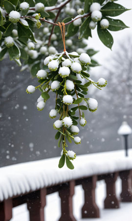 Photo Of Christmas Mistletoe Hanging From A Snowy Bridg. Generative AIの素材