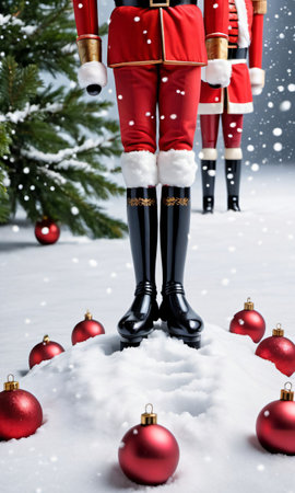 Photo Of Christmas Snowy Footprints Leading To A Nutcracke. Generative AIの素材
