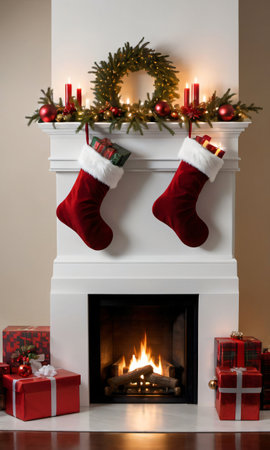 Christmas Stockings Hanging Gracefully, Their Silhouettes Highlighted By The Roaring Fireplace. Generative AIの素材