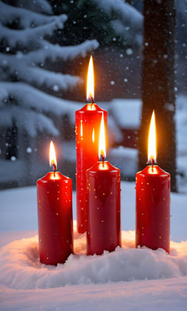 Christmas Candles Glowing Softly, Casting A Warm Light On The Surrounding Snow. Generative AIの素材