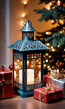 Photo Of Christmas Lantern Illuminating Wrapped Present. Generative AIの素材