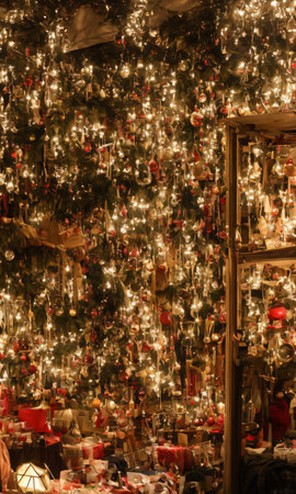 A Christmas Market Stall, The Goods Displayed Under The Warm, Inviting Glow Of String Lights. Generative AIの素材