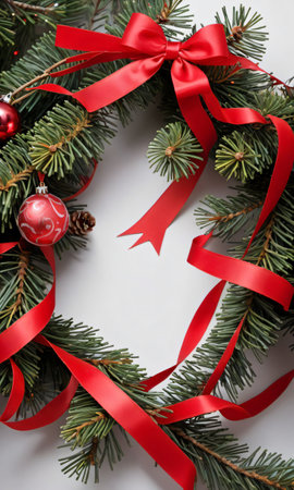 Photo Of Christmas Pine Tree Branches Draped With Red Ribbon. Generative AIの素材