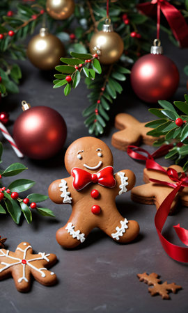 Photo Of Christmas Gingerbread Man Standing Near Mistleto. Generative AIの素材