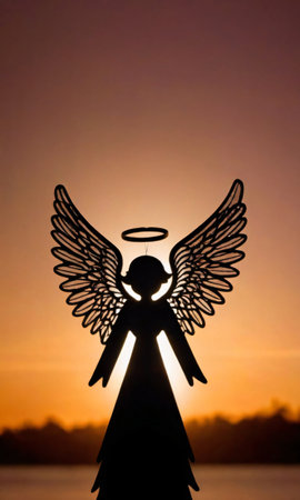 A Christmas Angel Decoration Captured In Silhouette Against The Backdrop Of A Sunset. Generative AIの素材