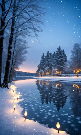 Christmas Lights Reflecting Off A Frozen Lake, The Surrounding Trees Dusted With Snow. Generative AIの素材