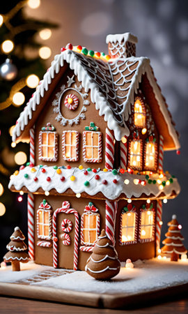 Photo Of Christmas Gingerbread House With Fairy Light. Generative AIの素材
