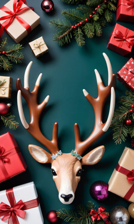 Photo Of Christmas Reindeer Antlers Beside A Pile Of Gift. Generative AIの素材