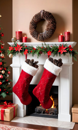 Photo Of Christmas Stockings Hanging By A Fireplace With Pinecones And Poinsettia Plant. Generative AIの素材