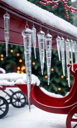 Photo Of Christmas Icicles Hanging From A Sleig. Generative AIの素材