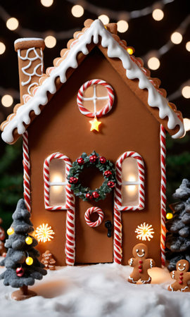 Photo Of Christmas Gingerbread House With Fairy Lights And A Wreath On The Doo. Generative AIの素材