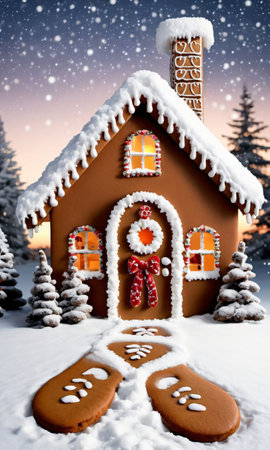Photo Of Christmas Snowy Footprints Leading To A Gingerbread Hous. Generative AIの素材