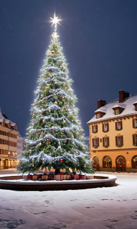 A Christmas Tree In The Center Of A Snowy Town Square, The Buildings Warmly Lit. Generative AIの素材