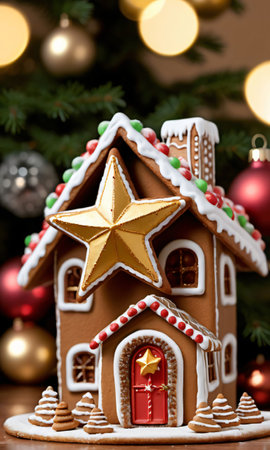 Photo Of Christmas Golden Star Atop A Gingerbread Hous. Generative AIの素材
