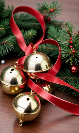 Photo Of Christmas Jingle Bells On A Red And Green Ribbo. Generative AIの素材