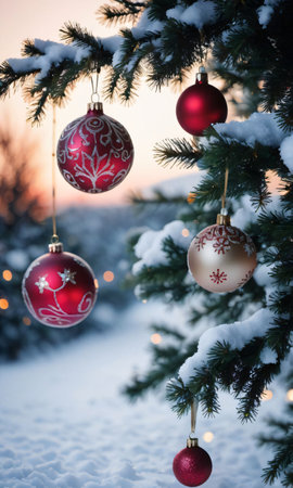 Christmas Decorations Hanging From A Snowy Tree, Captured In The Soft Light Of Dawn. Generative AIの素材