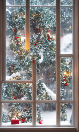 Christmas Decorations Adorning A Snowy Window Ledge, Illuminated By Streetlights. Generative AIの素材