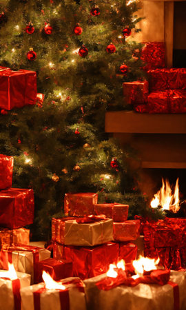 Christmas Presents Hidden Under A Tree, The Wrapping Paper Shimmering In The Firelight. Generative AIの素材