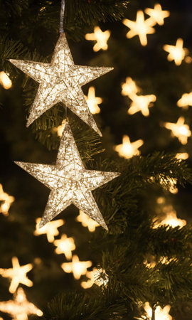 A Christmas Star Decoration Hanging From A Tree, Sparkling Under The Streetlights. Generative AIの素材
