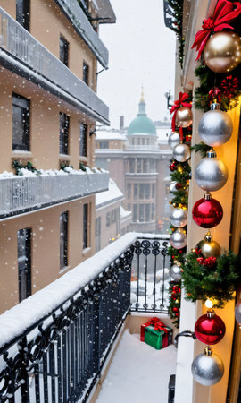 Christmas Decorations Adorning A Snowy Balcony, The Street Below Bustling With Holiday Shoppers. Generative AIの素材
