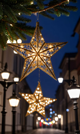 A Christmas Star Decoration Hanging From A Tree, Sparkling Under The Streetlights. Generative AIの素材