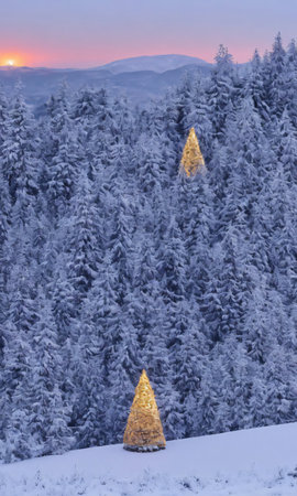 A Christmas Tree On A Snowy Hilltop, The Valley Below Illuminated By The Setting Sun. Generative AIの素材