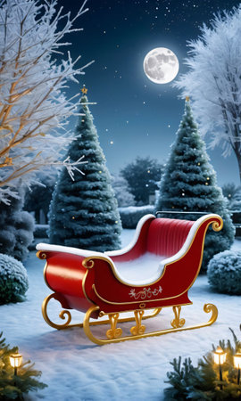 A Christmas Sleigh In A Garden, The Frosty Grass Sparkling In The Moonlight. Generative AIの素材
