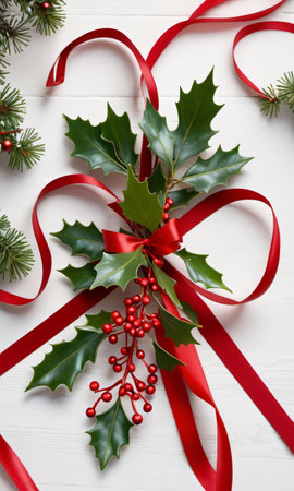 Photo Of Christmas Red Ribbon Tying A Bunch Of Mistleto. Generative AIの素材