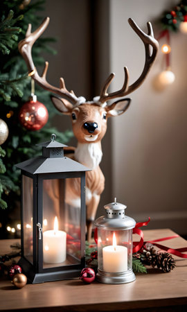 Photo Of Christmas Reindeer Antlers Beside A Lanter. Generative AIの素材