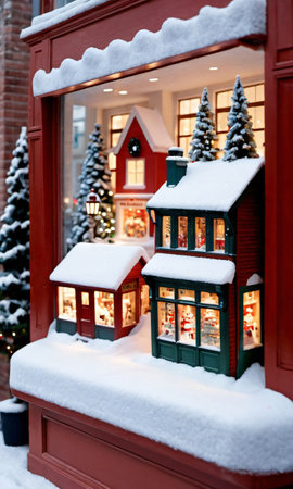 A Christmas Village Scene In A Store Window, The Street Outside Covered In Fresh Snow. Generative AIの素材