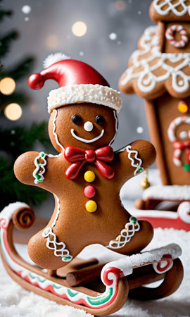 Photo Of Christmas Gingerbread Man Sitting On A Sleig. Generative AIの素材