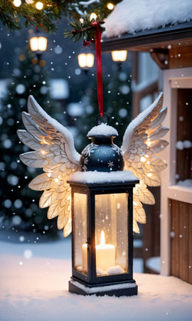 Photo Of Christmas Angel Ornament Overlooking A Snowy Village With A Lit Lanter. Generative AIの素材