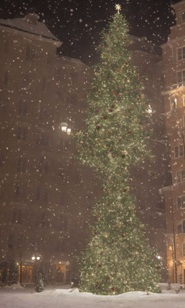 A Christmas Tree In The Center Of A Snowy Town Square, The Buildings Warmly Lit. Generative AIの素材