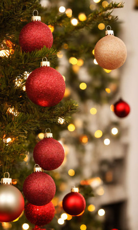 Christmas Ornaments Hanging From A Tree, Their Reflections Capturing The FireplaceÃ¢ÂÂS Glow. Generative AIの素材