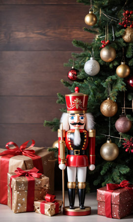 Photo Of Christmas Nutcracker Holding A Lantern Beside A Pile Of Wrapped Present. Generative AIの素材