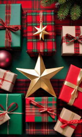 Photo Of Christmas Golden Star Atop A Pile Of Gifts Wrapped In Red And Green Plai. Generative AIの素材