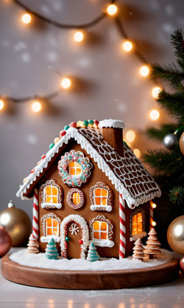 Photo Of Christmas Gingerbread House With Fairy Light. Generative AIの素材