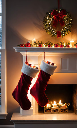 Christmas Stockings Hanging From A Mantle, The Room Lit By The Soft Glow Of A Nearby Window. Generative AIの素材