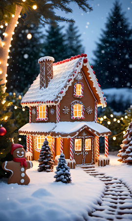 A Christmas Gingerbread House In A Garden, The Snowy Landscape Illuminated By Fairy Lights. Generative AIの素材