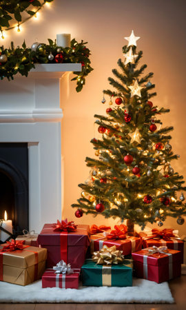 Christmas Presents Stacked Under A Tree, The Room Lit By The Soft Glow Of Fairy Lights. Generative AIの素材