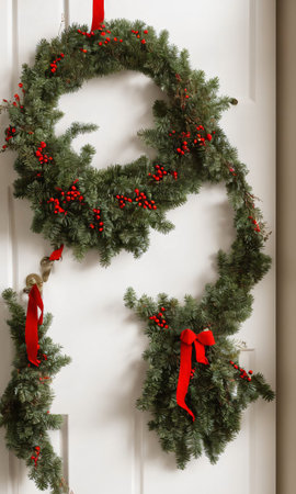 A Christmas Wreath On A Door, The Hallway Illuminated By The Soft, Ambient Light Of A Nearby Window. Generative AIの素材