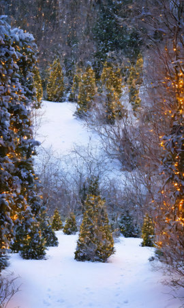 Christmas Lights Illuminating A Path Through A Snowy Garden, Captured At Dusk. Generative AIの素材