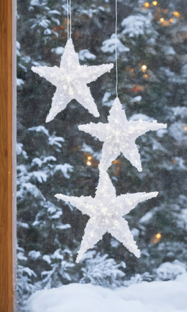 A Christmas Star Decoration In A Window, The Snowy Garden Outside Illuminated By Fairy Lights. Generative AIの素材